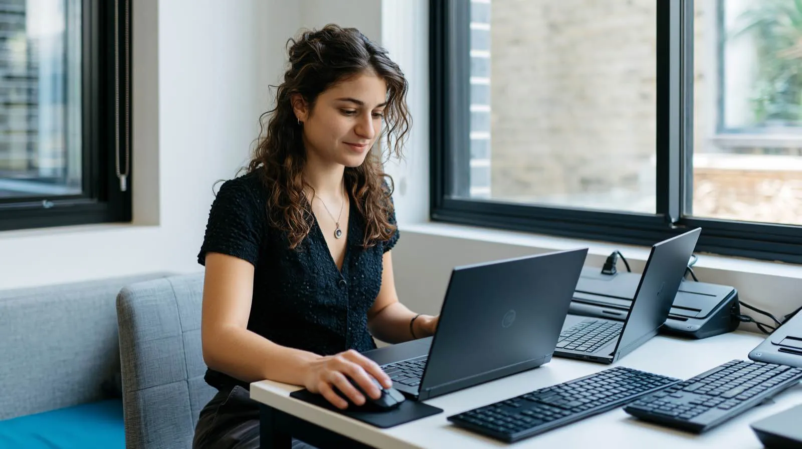 Elscomm technician managing file systems across a row of laptops