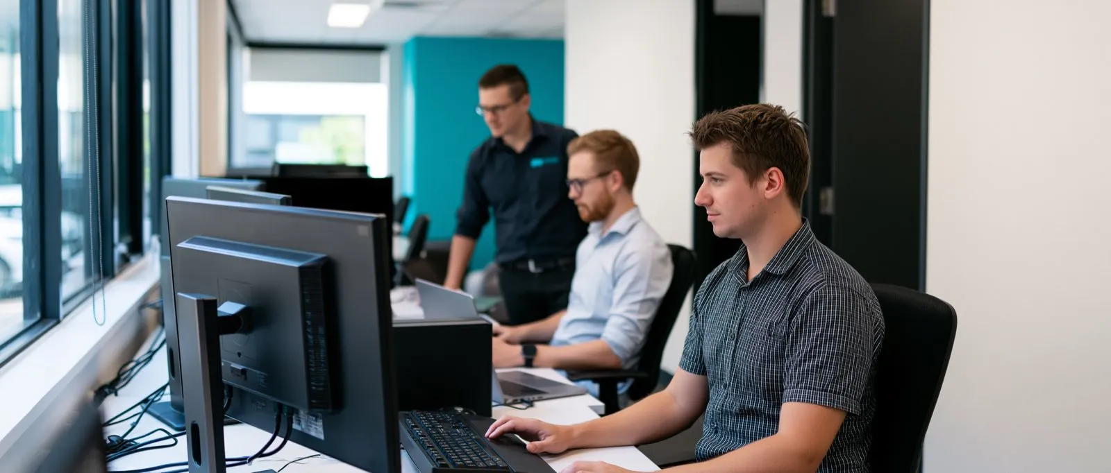 Elscomm technicians monitoring network systems together in the office