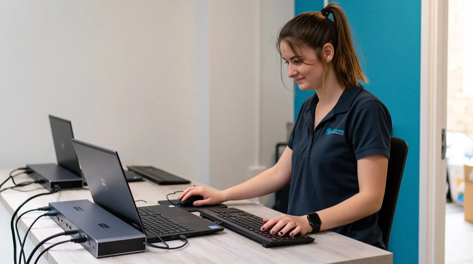 Elscomm technician configuring laptops side by side