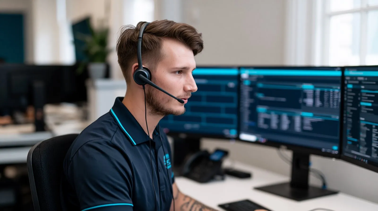 Elscomm support technician wearing a headset at a multi-monitor desk