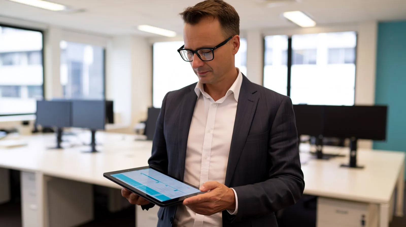 Elscomm consultant reviewing a compliance report on a tablet