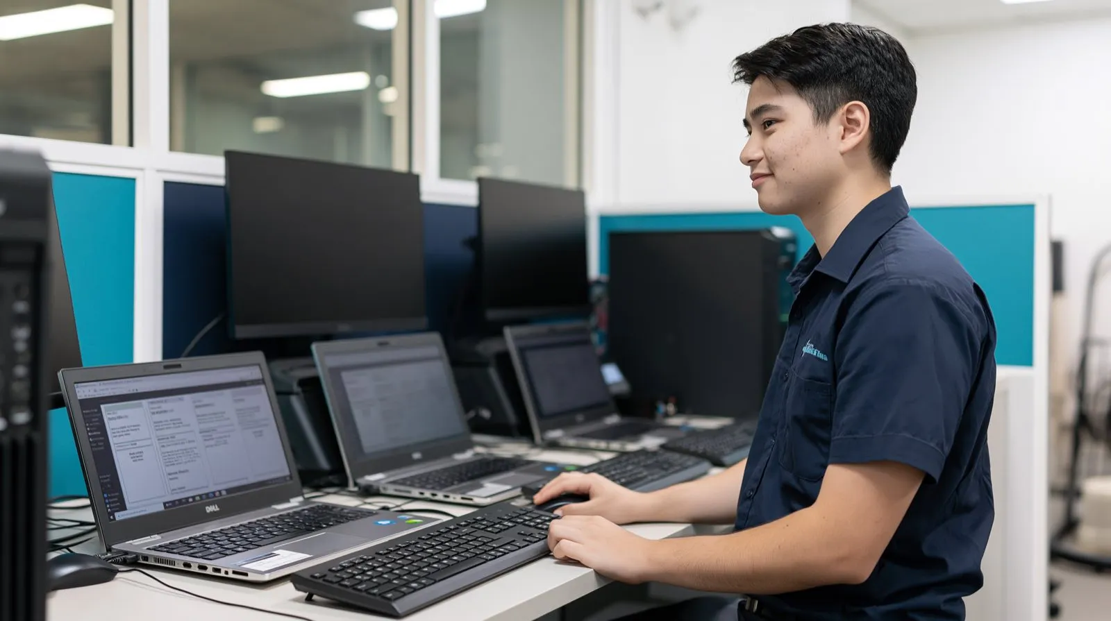 Elscomm technician reviewing security findings across a row of laptops