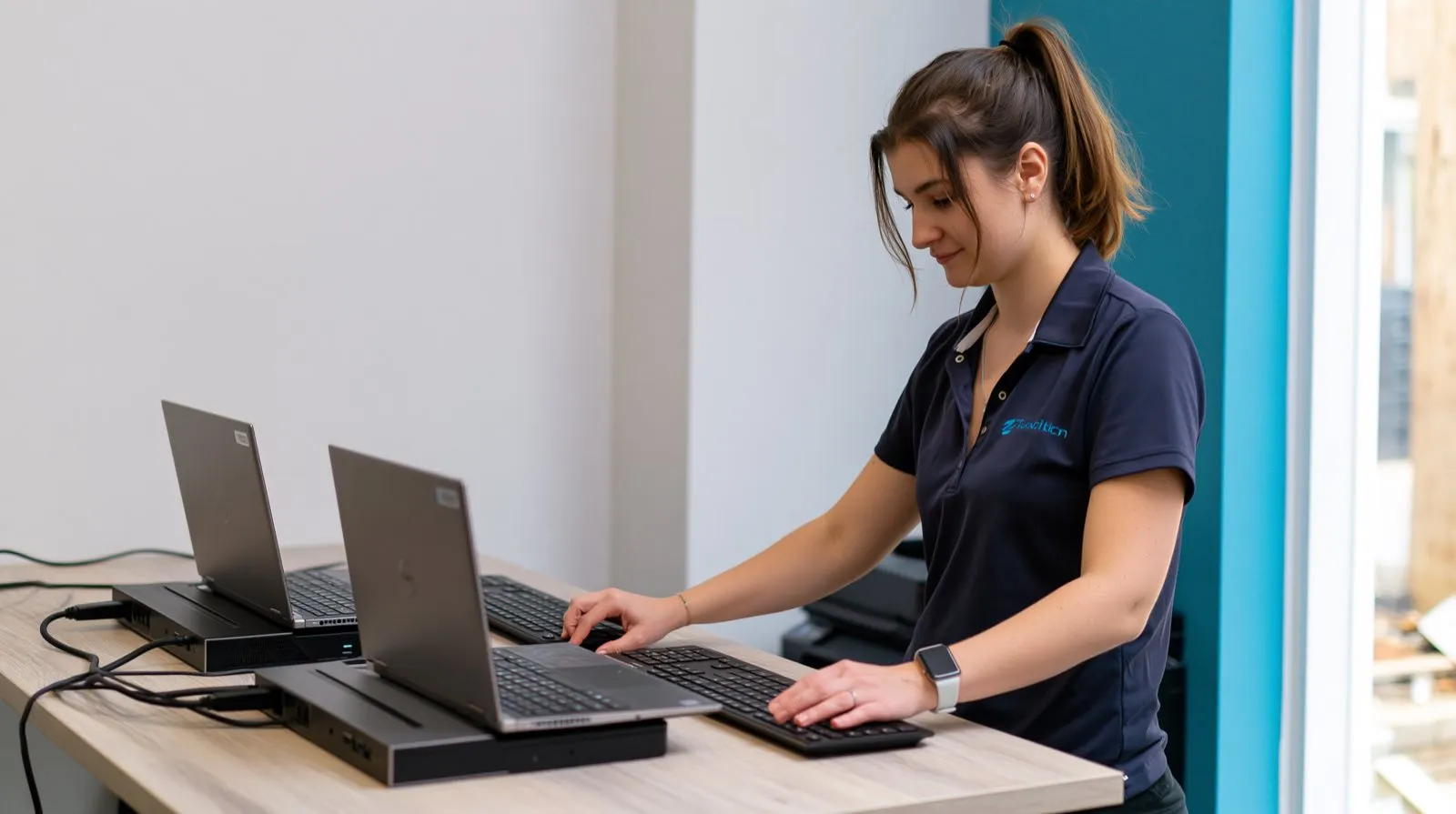 Elscomm technician setting up virtual desktop environments across two laptops
