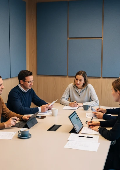 Team collaborating in a modern office meeting with laptops and documents