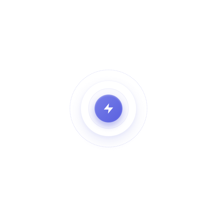 Blue circular button with a white lightning bolt icon in the center surrounded by glowing blue rings.