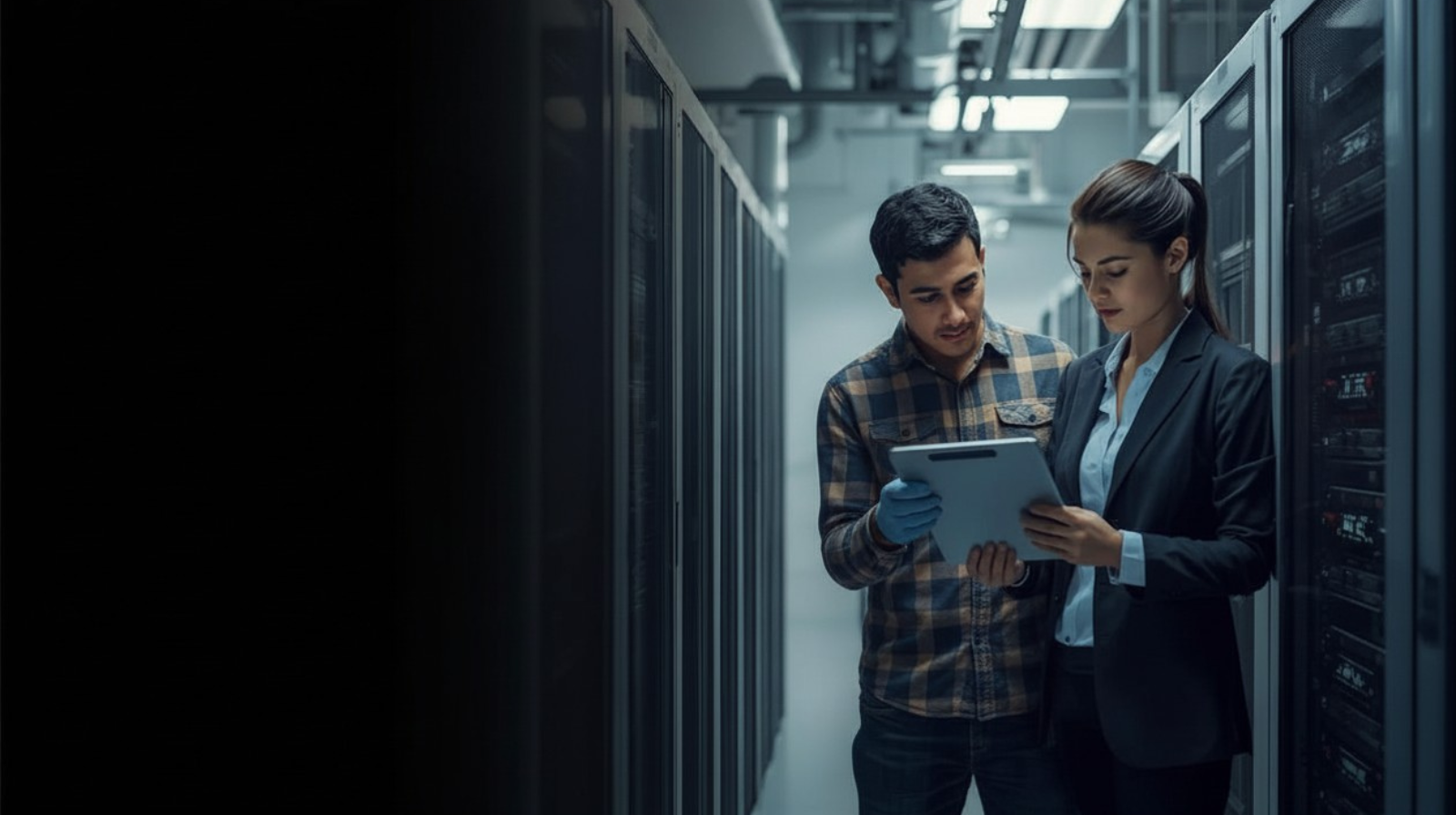 Technician wearing a yellow hard hat and blue work uniform adjusting controls on industrial machinery in a dimly lit environment.