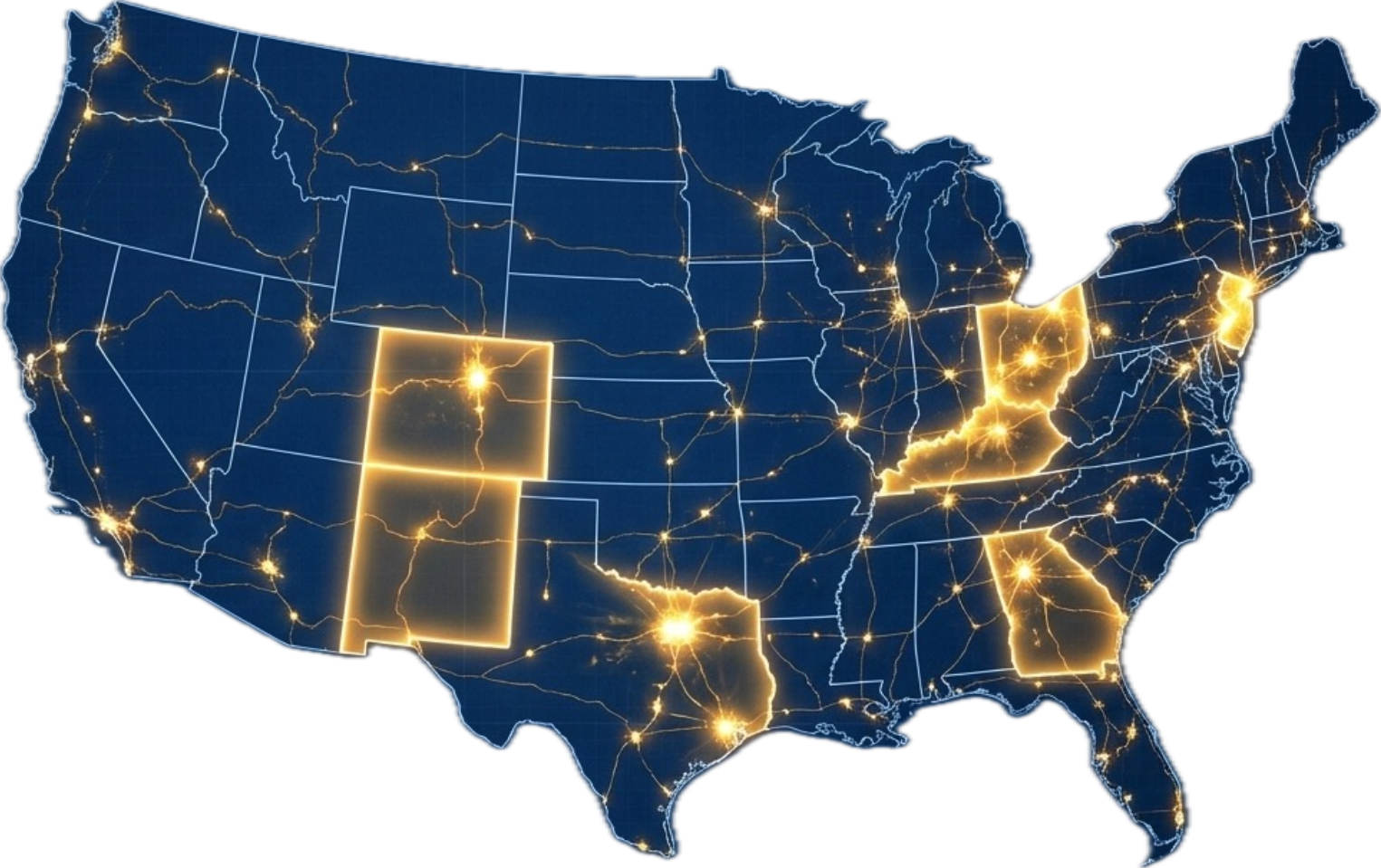 Electrified map of America's technician production network — 1,100+ connected nodes across all 50 states