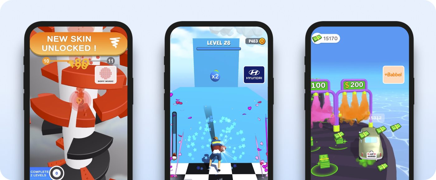 Examples of Audiomob moments taking place; New custom skin unlocked, completing a level, earning a reward