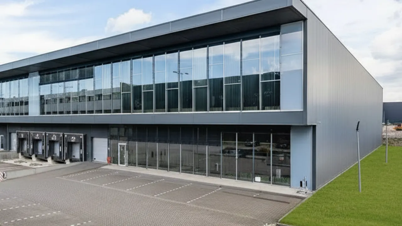 Modern industrial Tetmet the Netherlands office building with large glass windows, loading docks, and parking spaces.