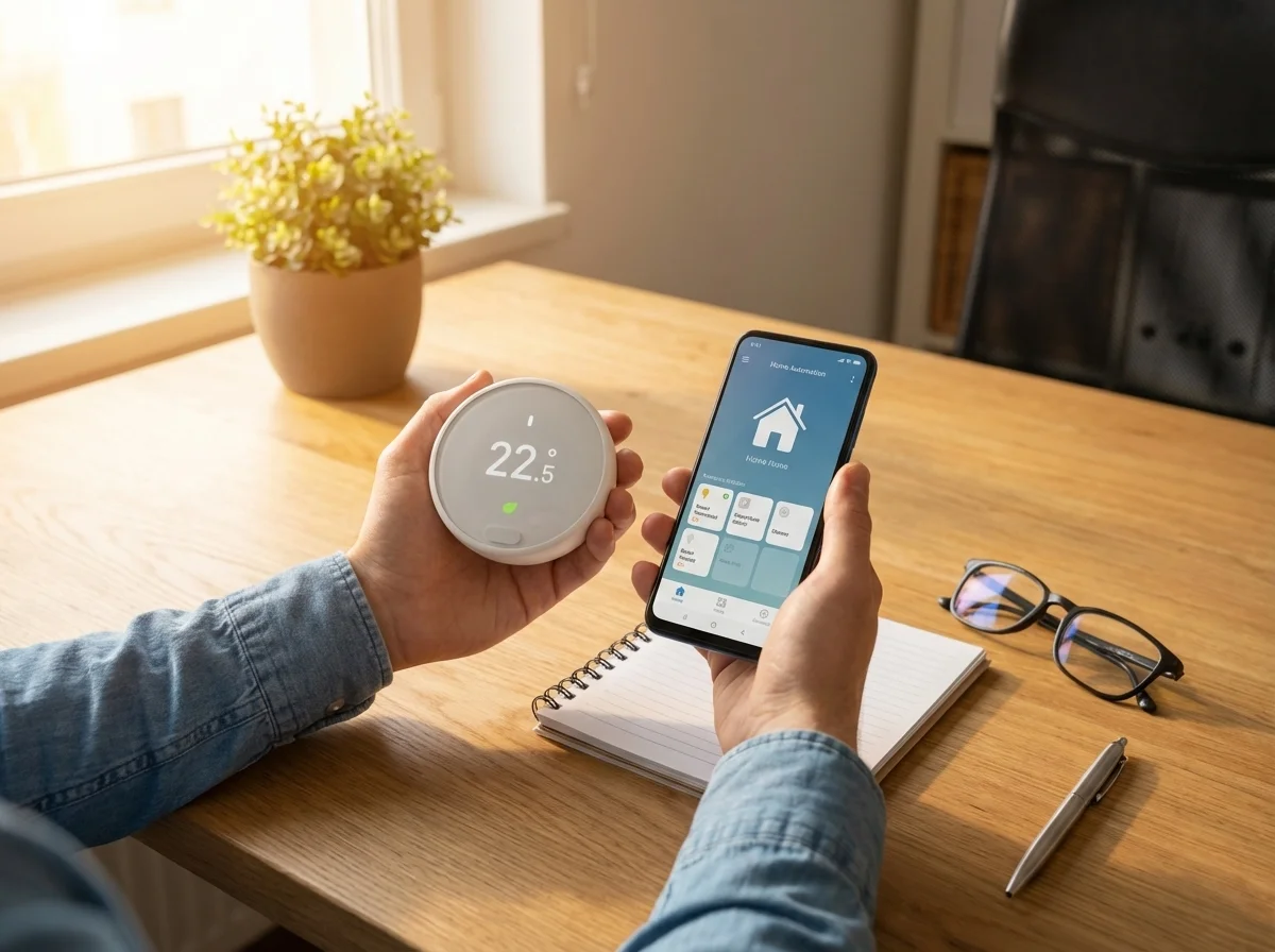 Person hält einen Smart-Thermostat mit 22,5°C in der linken Hand und ein Smartphone mit einer Home-Automation-App in der rechten Hand über einem Schreibtisch mit Notizbuch, Brille und Stift.