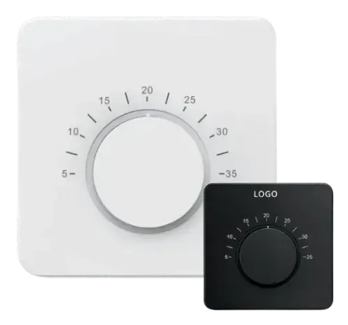 Weißes und schwarzes Thermostat-Drehregler mit Temperaturangaben von 5 bis 35 Grad Celsius.
