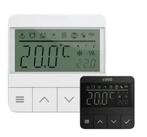 Zwei digitale Raumthermostate, eines mit weißem und eines mit schwarzem Gehäuse, zeigen eine Temperatur von 20,0 Grad Celsius an.