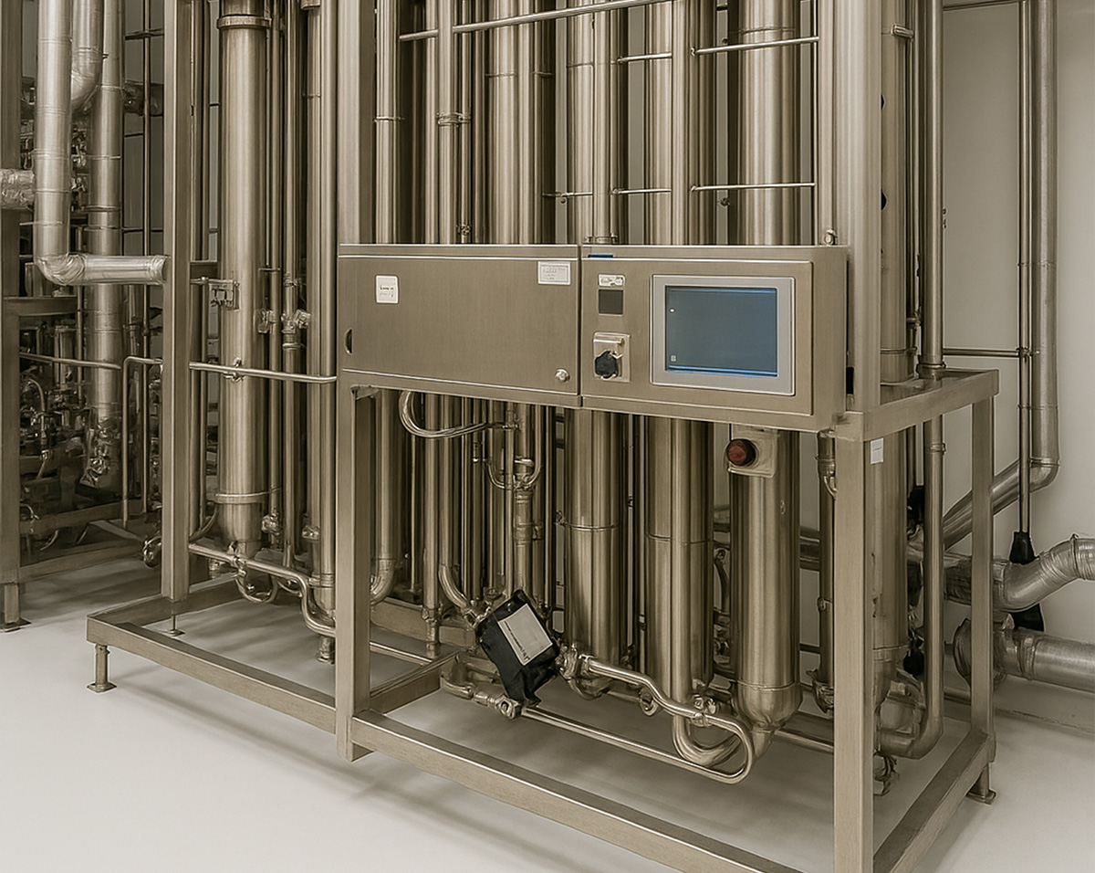 Industrial stainless steel machinery with control panel and multiple vertical pipes in a clean facility.