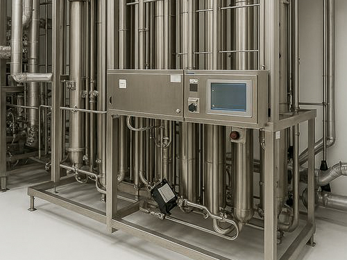 Aseptic isolator with white gloves attached, used for sterile pharmaceutical filling, with a reflection of a person working on a computer behind the glass.