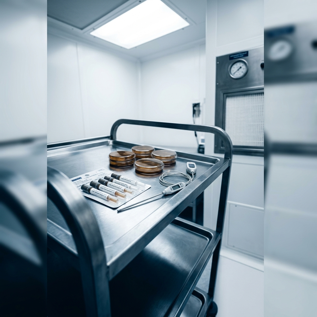 Environmental monitoring validation cart with settle and contact plates, sample vials, and a data logger probe in a Grade D classified cleanroom at Novo Nordisk Kalundborg.