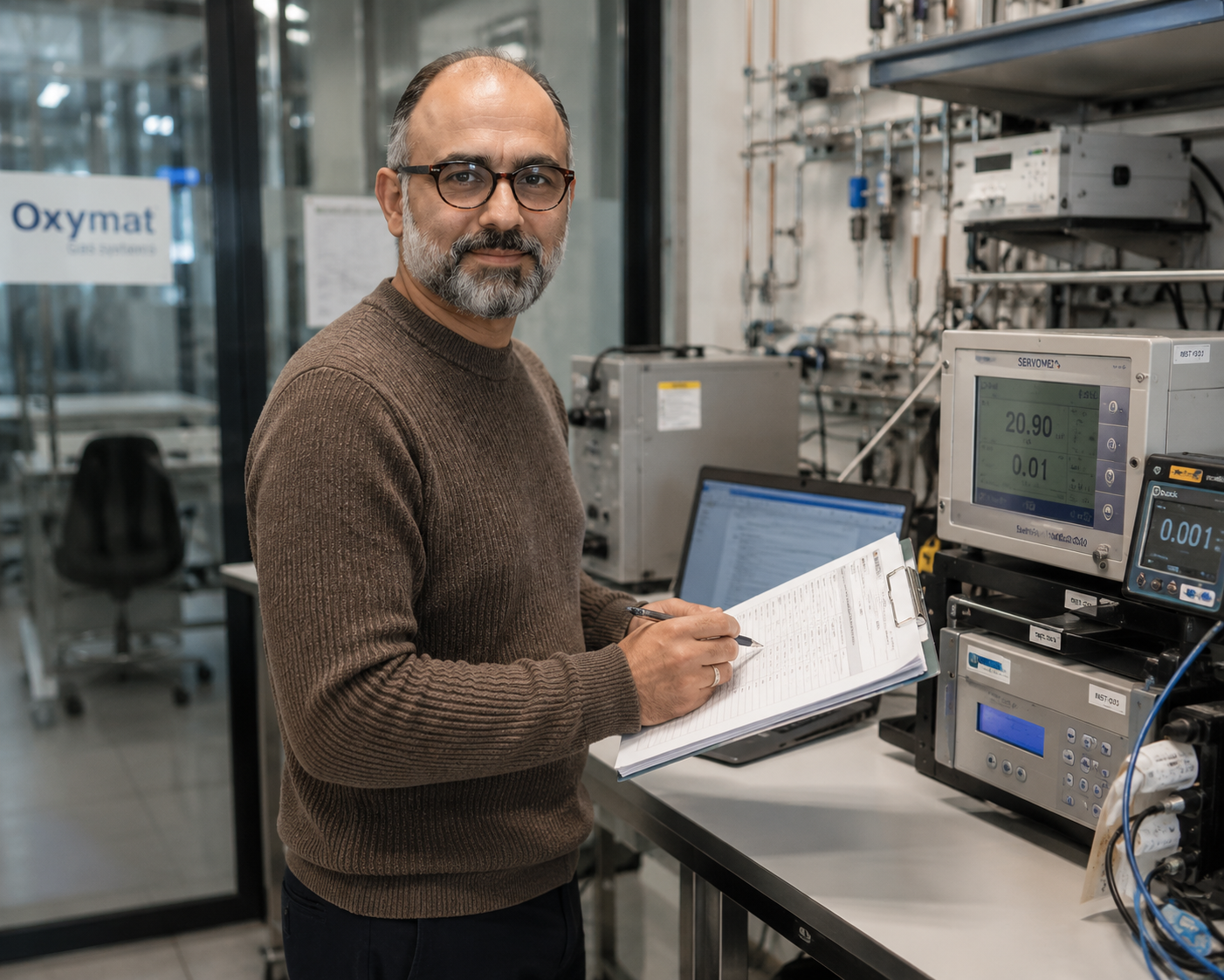 Damgaard Solutions specialist Samsam Touranian calibrating gas analysis instruments in the Oxymat laboratory