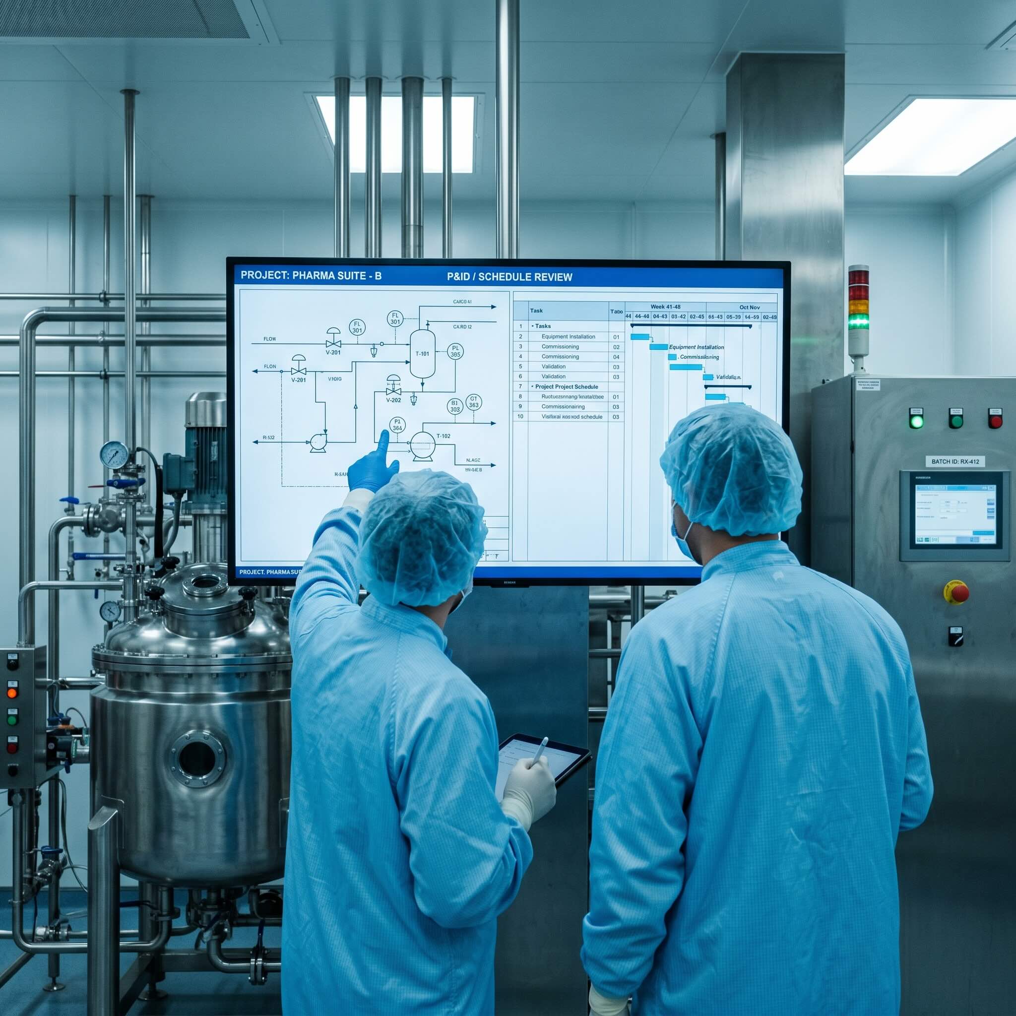 Two gowned engineers reviewing a P&ID drawing and project schedule in a pharma plant room
