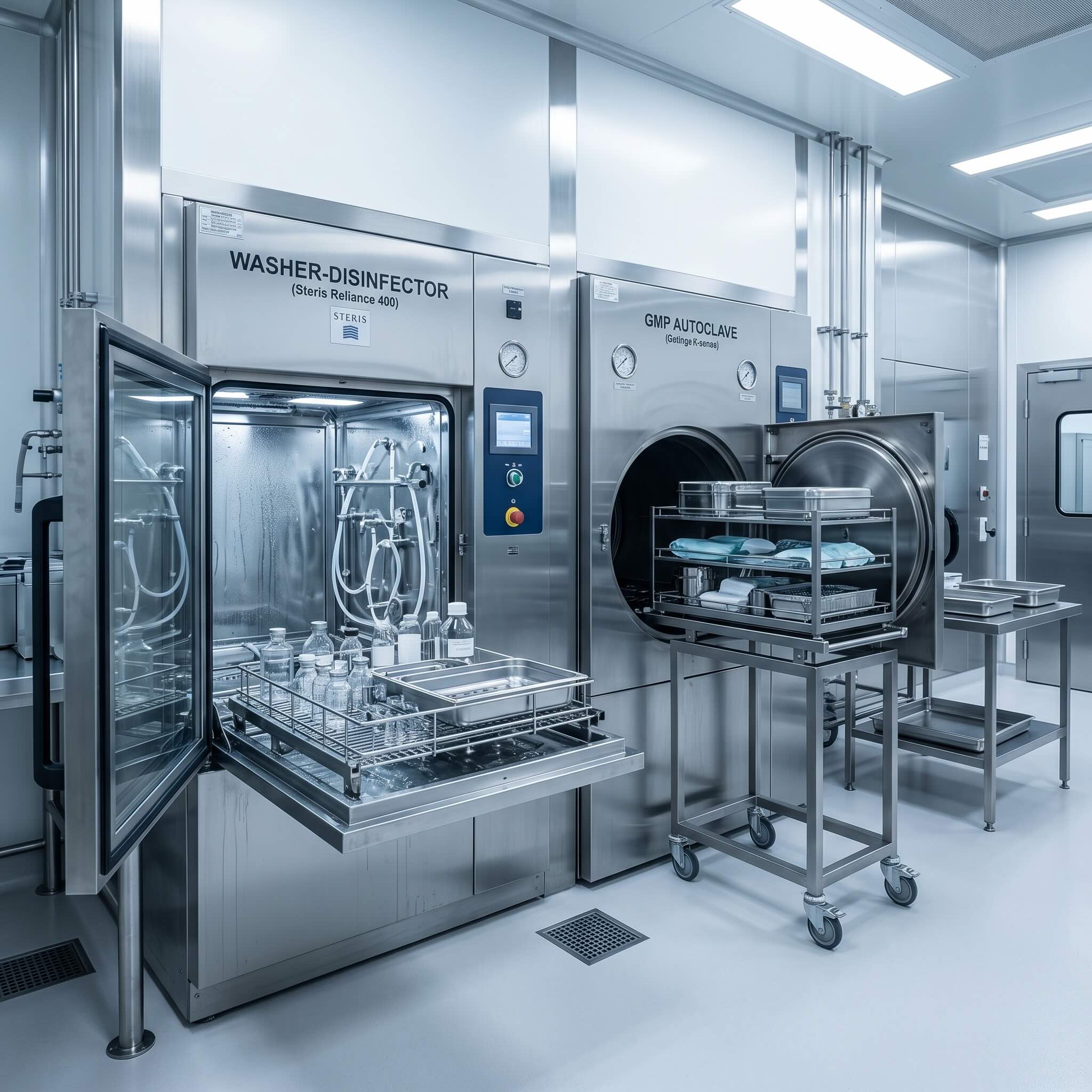 GMP washer-disinfector and autoclave in a stainless pharmaceutical cleanroom