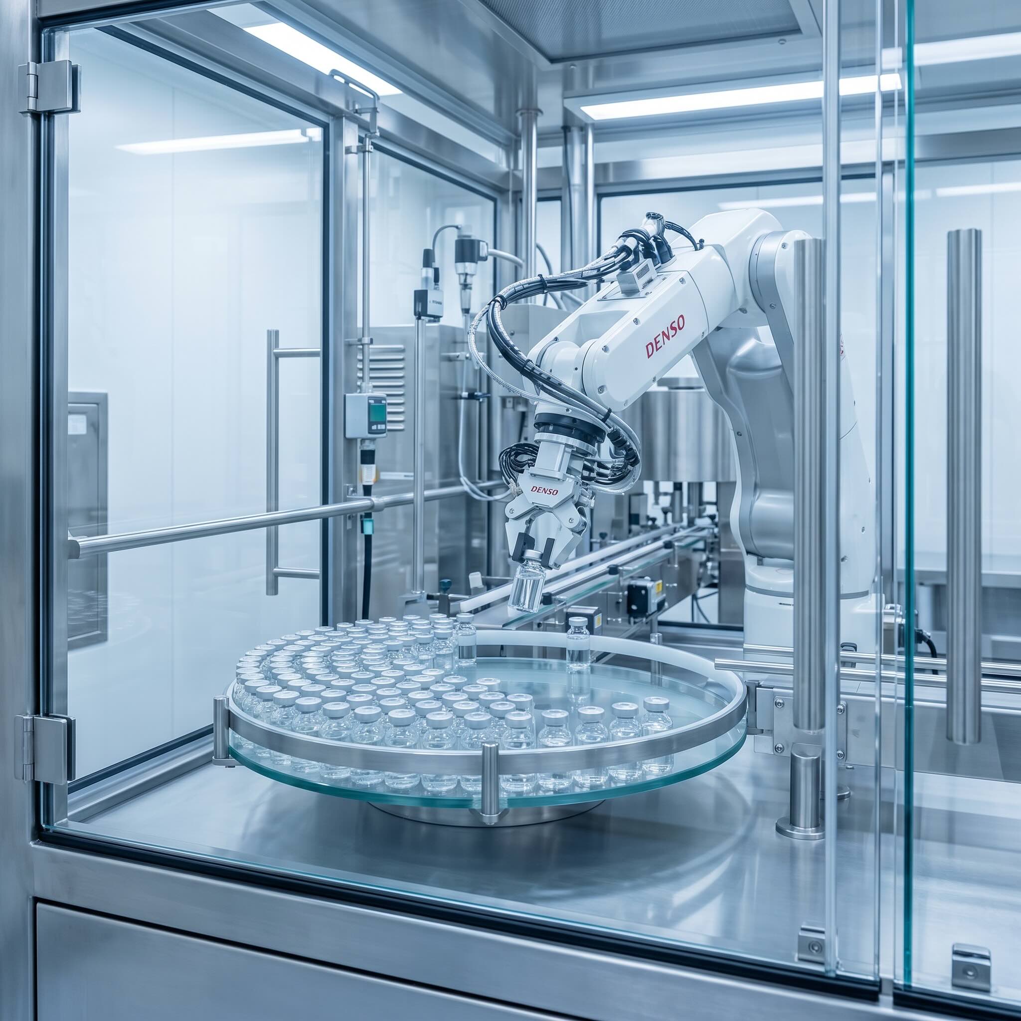 Robotic arm handling vials on a GMP fill-finish line behind glass