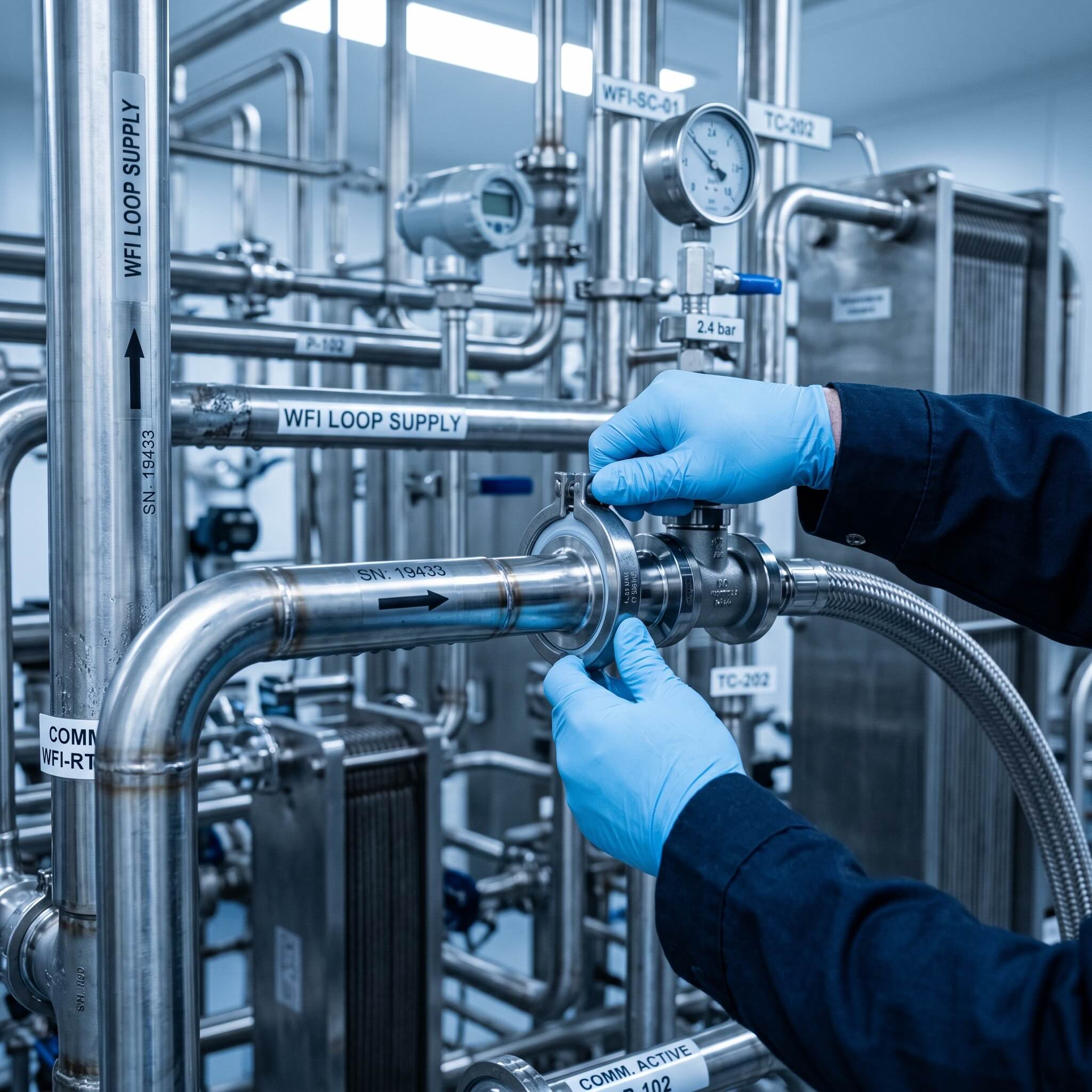 Gloved hands connecting a sanitary tri-clamp fitting on a WFI loop during commissioning