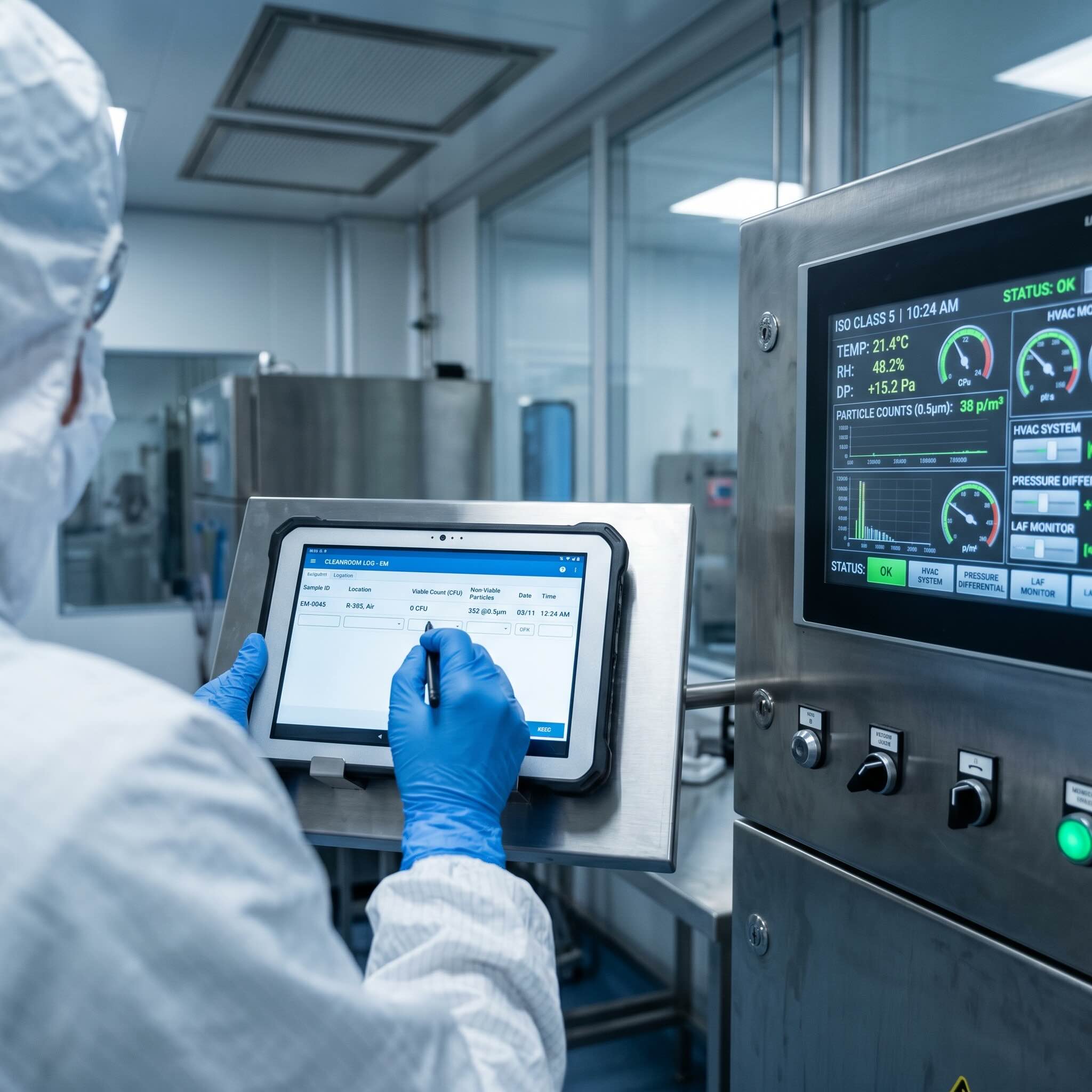 Operator logging environmental monitoring results on a tablet beside a cleanroom monitoring panel