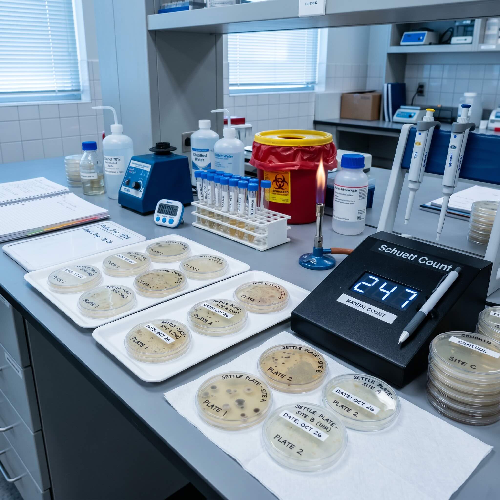 Microbiology lab bench with labelled settle plates and a colony counter