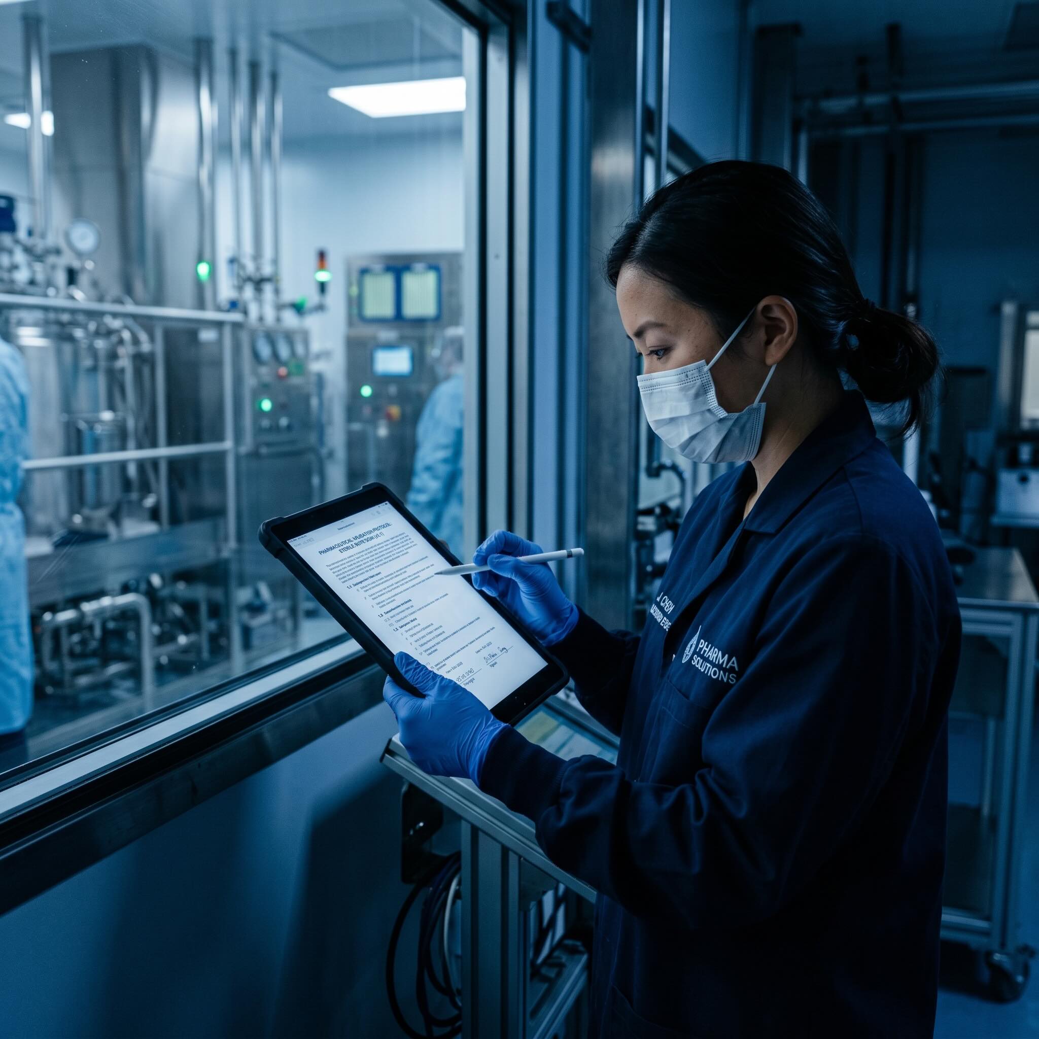 Validation engineer reviewing a protocol beside a cleanroom window