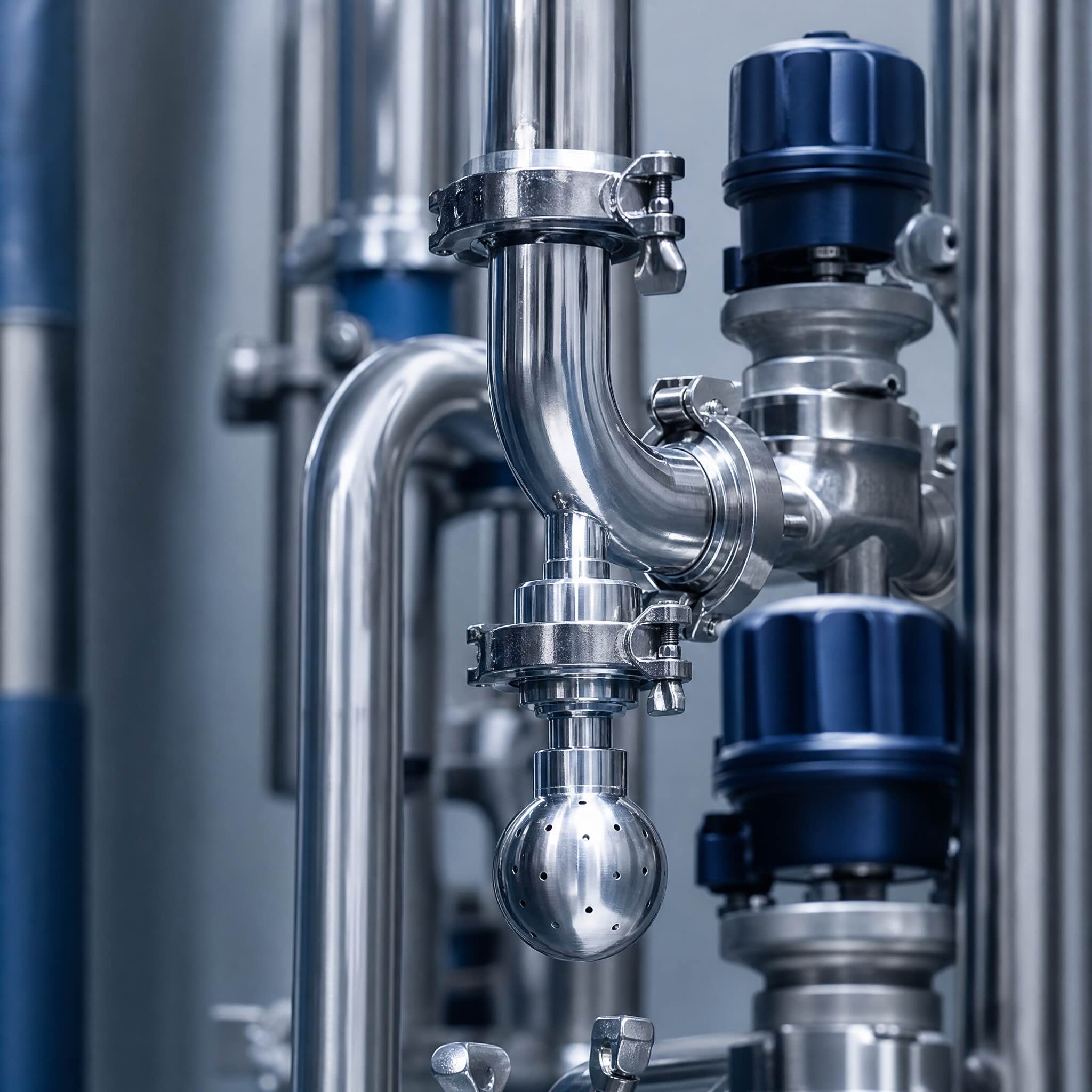 Stainless-steel sanitary process piping with tri-clamp fittings and a spray ball on a pharmaceutical clean-utility skid