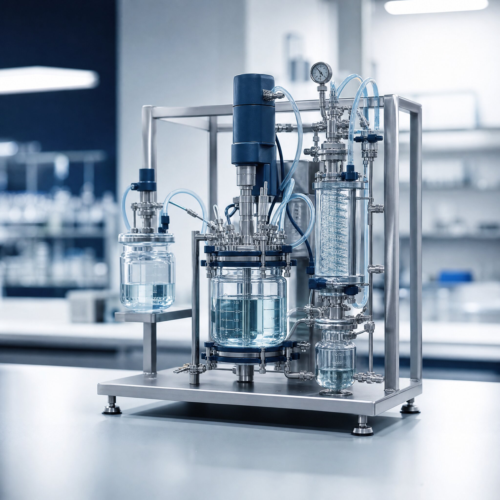 Pilot-scale pharmaceutical process skid with glass reactor and instrumentation in a development lab