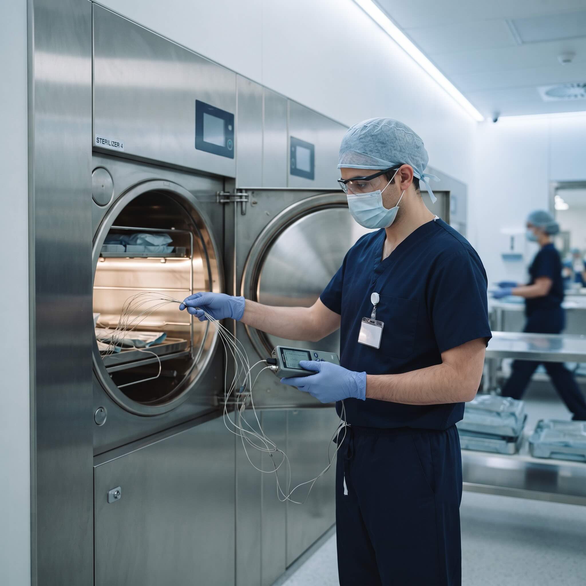 Tekniker placerer termoelementer i et hospitalssterilisatorkammer under rekalibrering