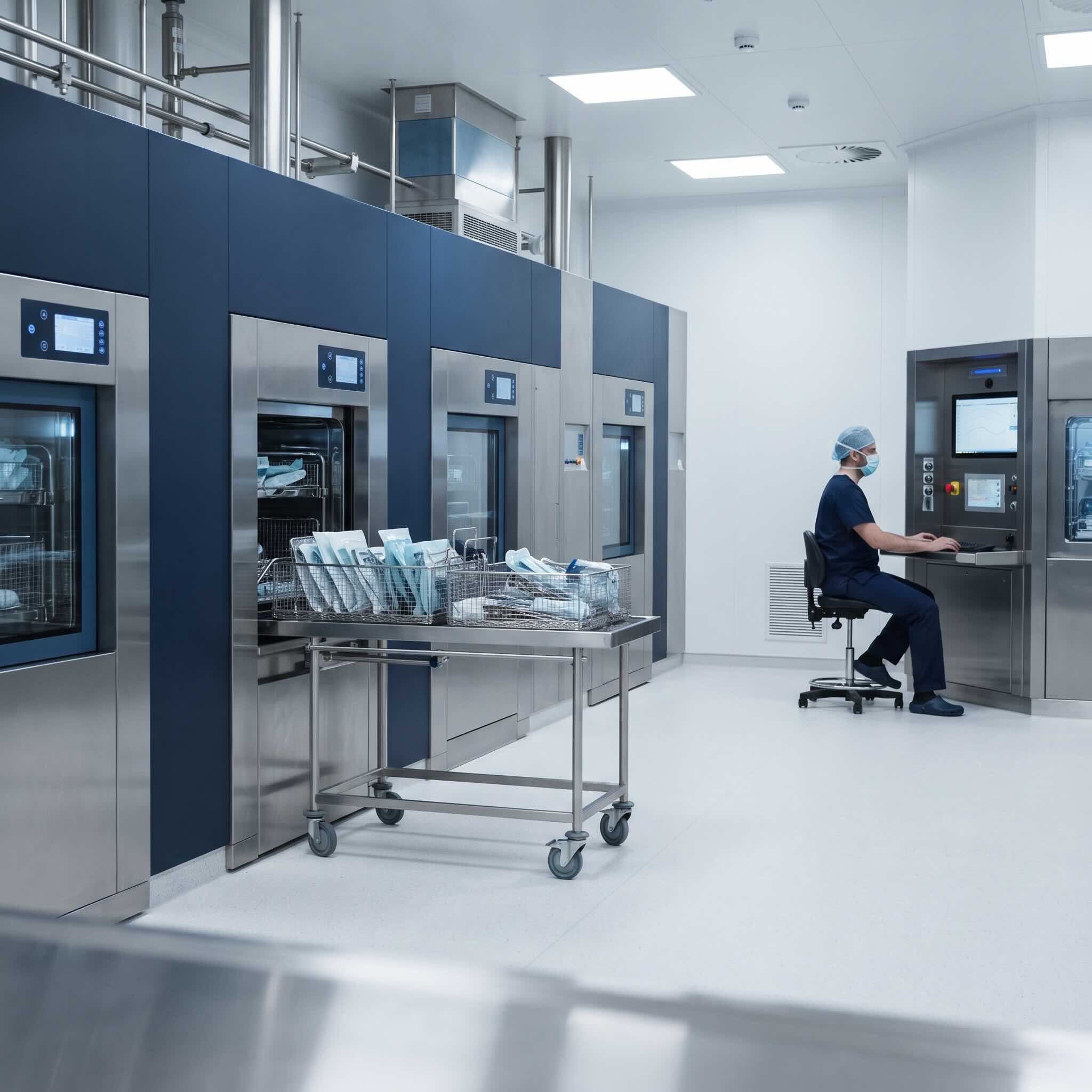Automated hospital central sterile services department with pass-through steam sterilizers and washer-disinfectors