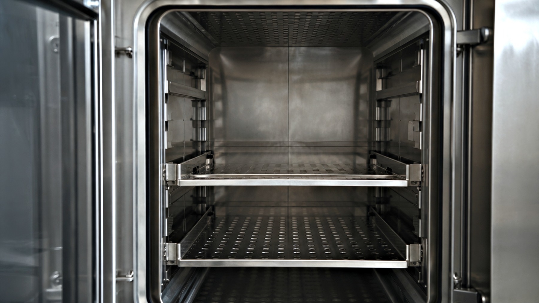 Interior of a hospital sterilizer chamber with perforated load shelves