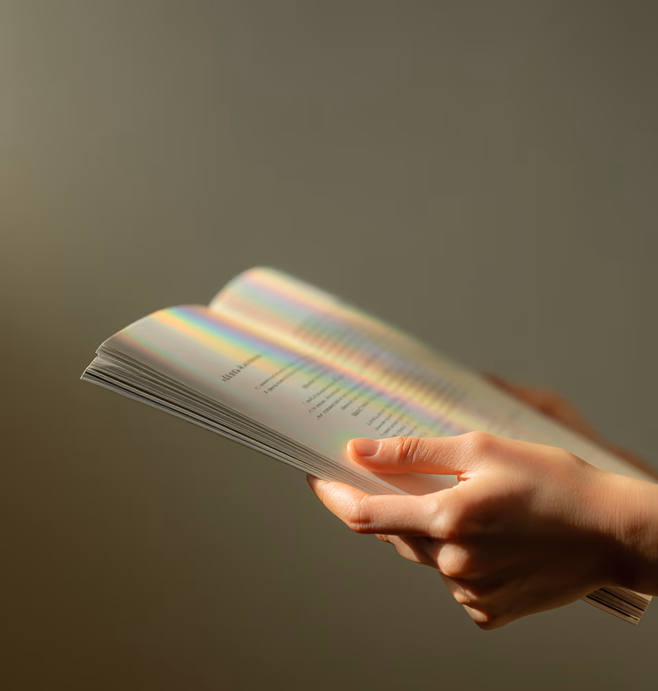 Close-up of hands holding an open book with rainbow light reflections on its pages.