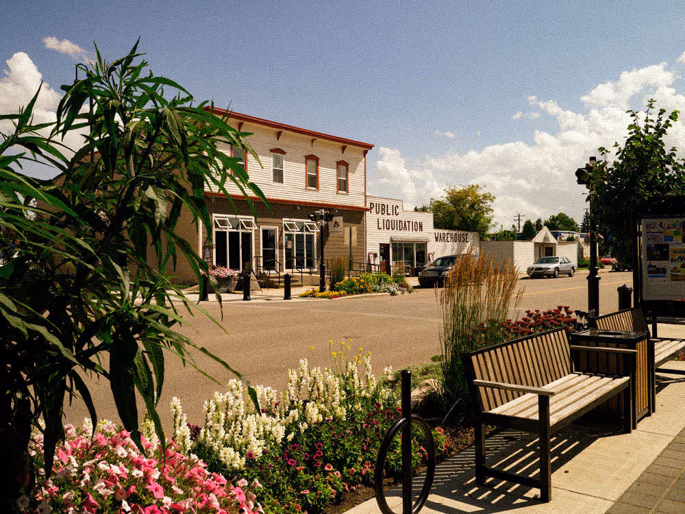 Small town street with flower beds, benches, and a store labeled Public Liquidation Warehouse.