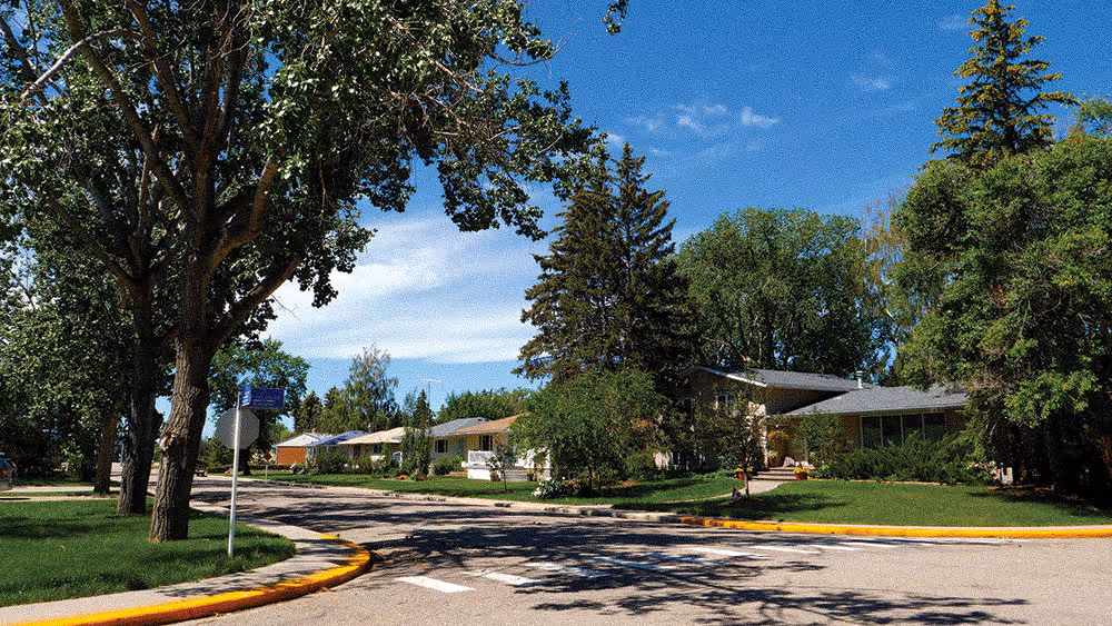 Residential street with single-story houses, mature trees, green lawns, and a partly cloudy blue sky.