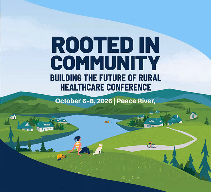 Illustration of a rural landscape with a river, houses, and people outdoors for a healthcare conference.