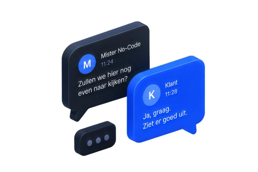 Chatgesprek waarin Mister No-Code en een klant samen een websiteontwerp doornemen