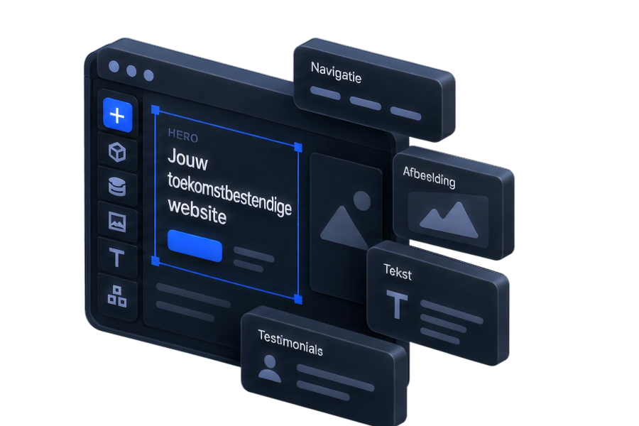 Webflow editor met losse blokken voor navigatie, afbeelding, tekst en testimonials voor een toekomstbestendige website
