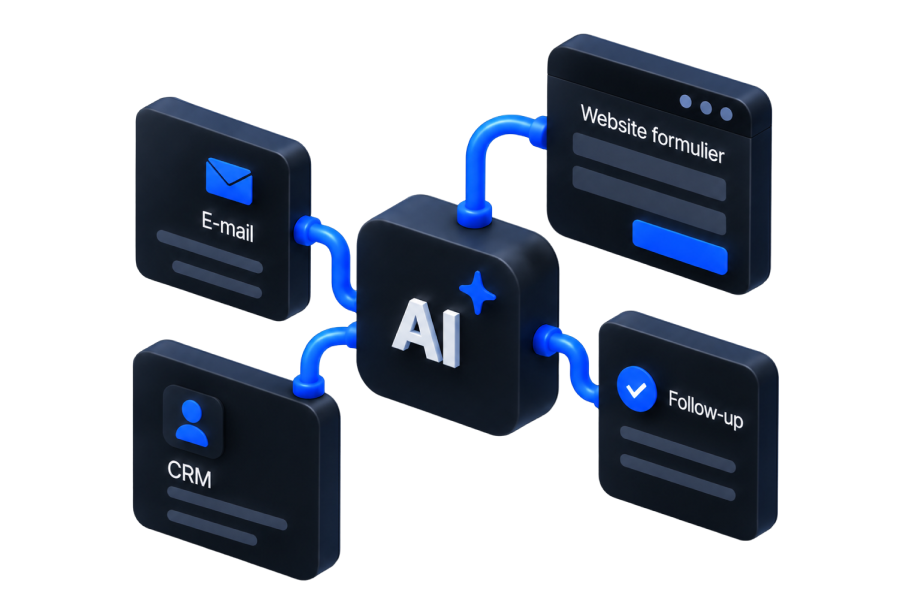 Schema van een AI-koppeling die websiteformulier, e-mail, CRM en follow-up automatisch met elkaar verbindt