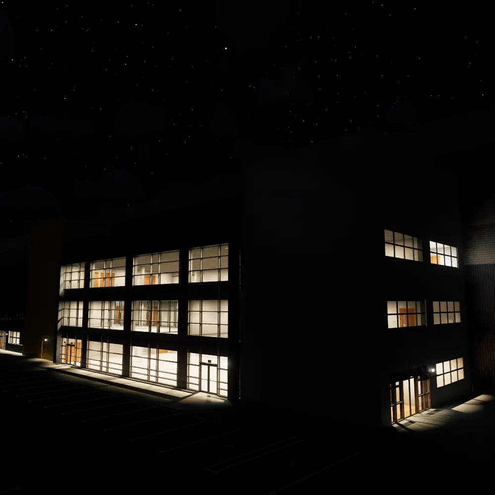 Aurora project — exterior at night