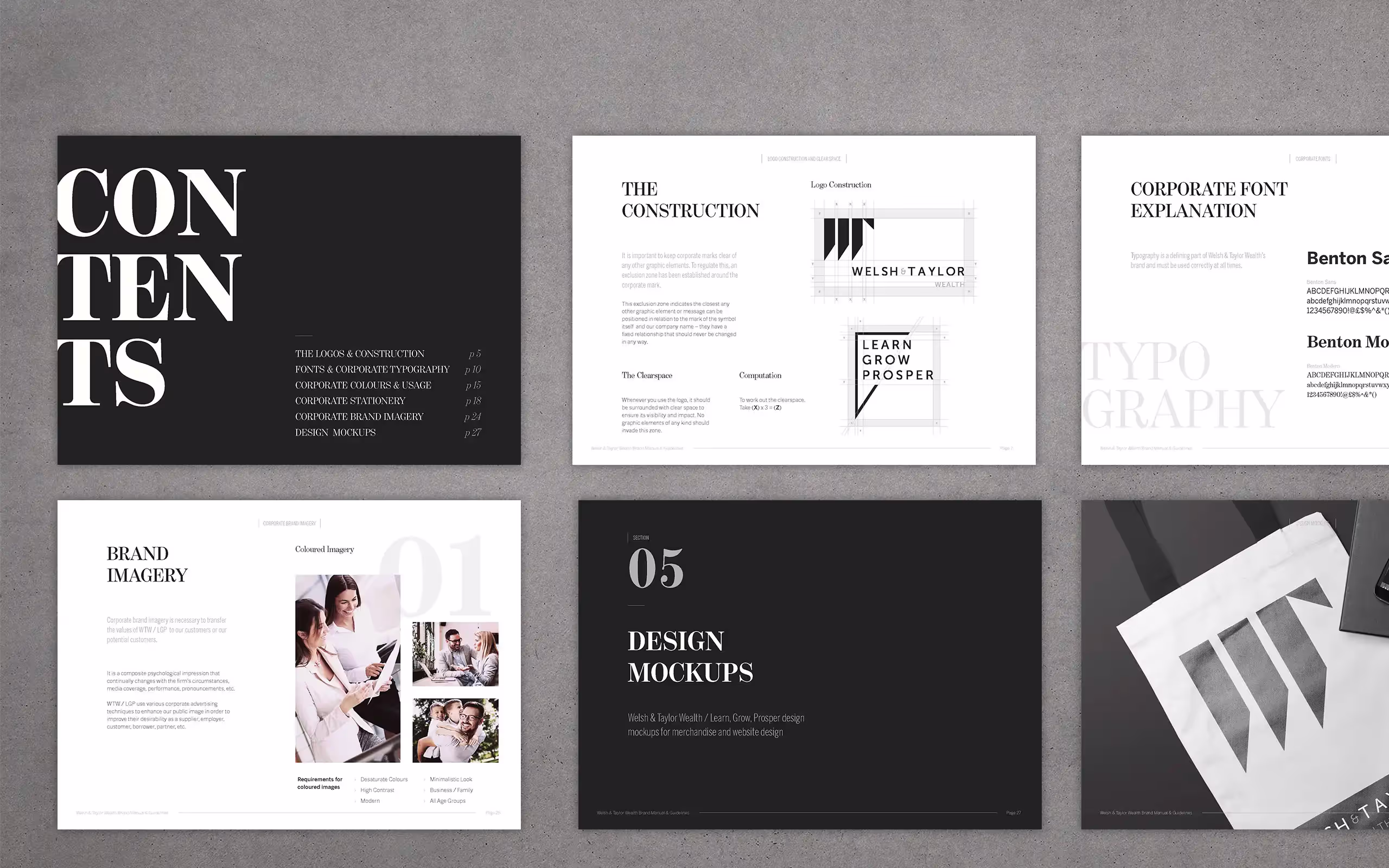 The Welsh & Taylor Wealth brand identity style guide showing logo, color palette, and typography.