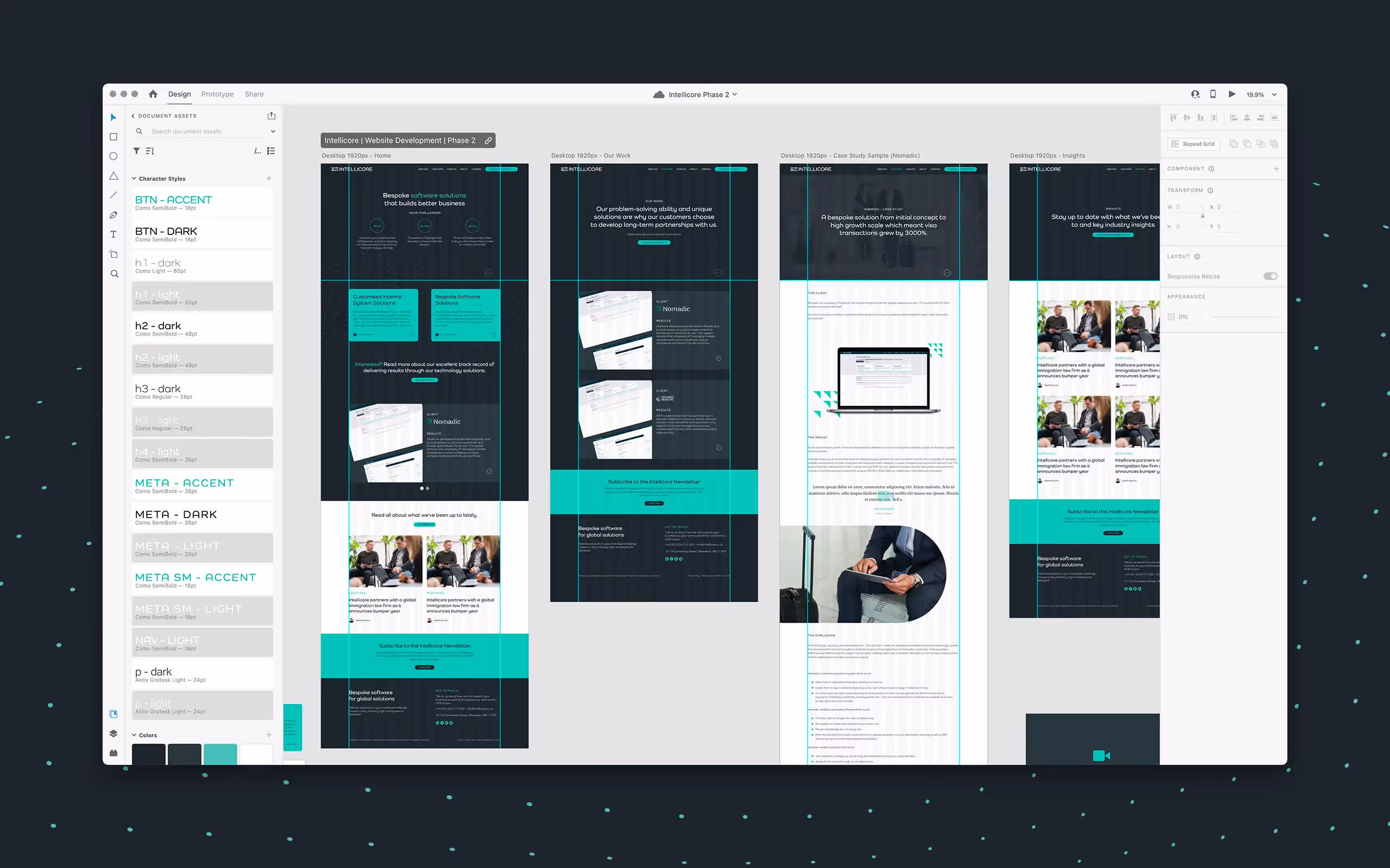 UI/UX design workspace with four desktop website mockups for the Intellicore project.