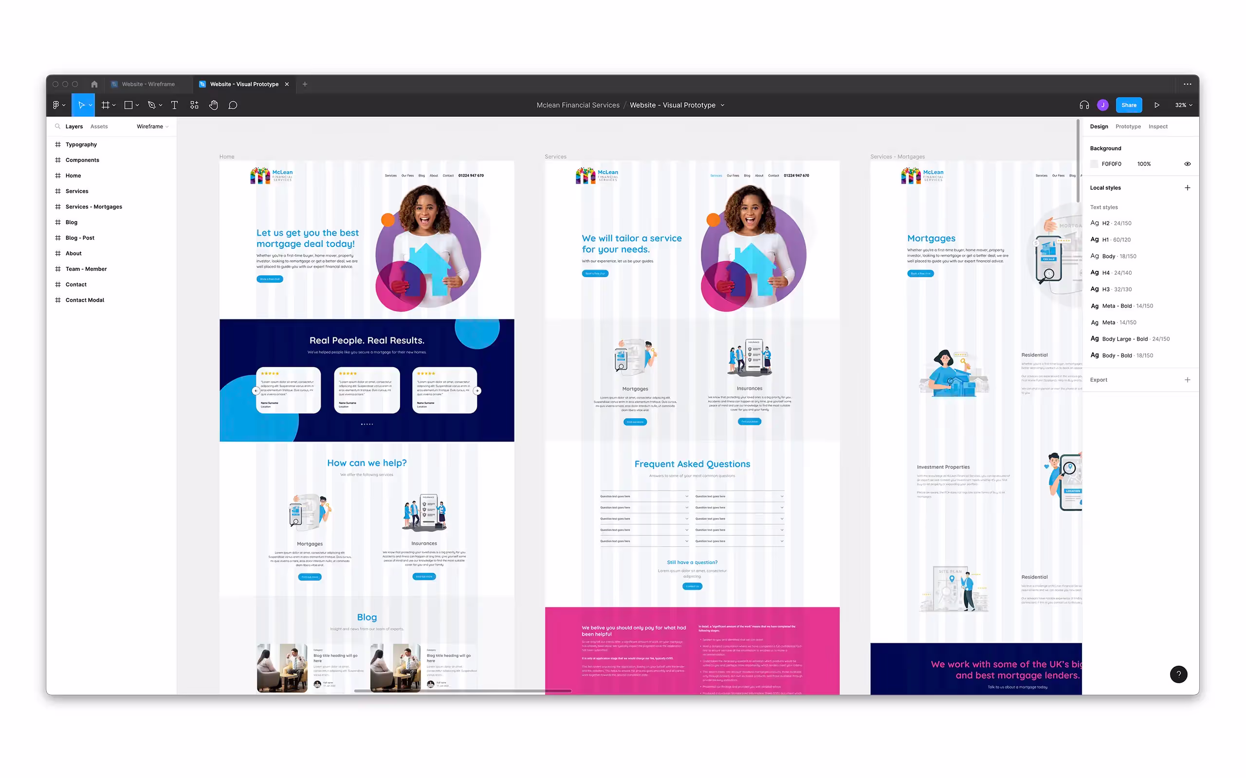 Figma workspace displaying three desktop website page mockups for McLean Financial Services.