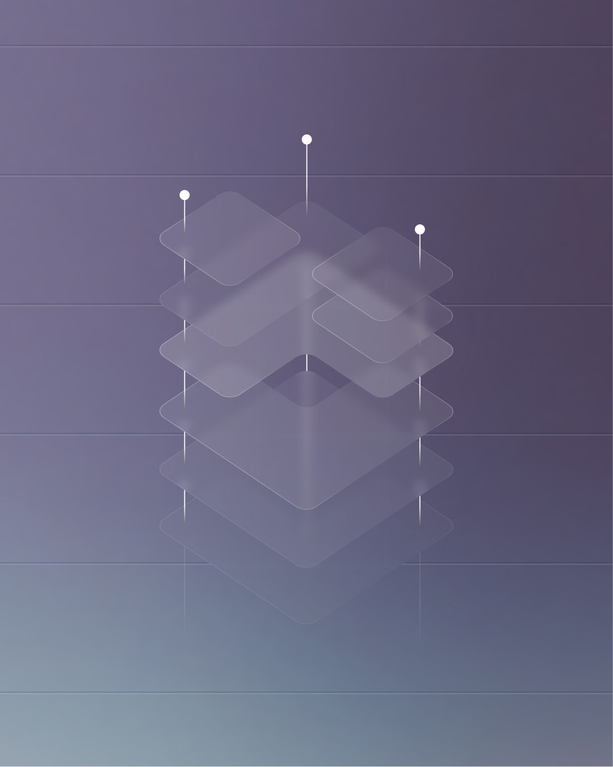 Transparent layered squares stacked with connecting lines on a gradient purple-blue background.