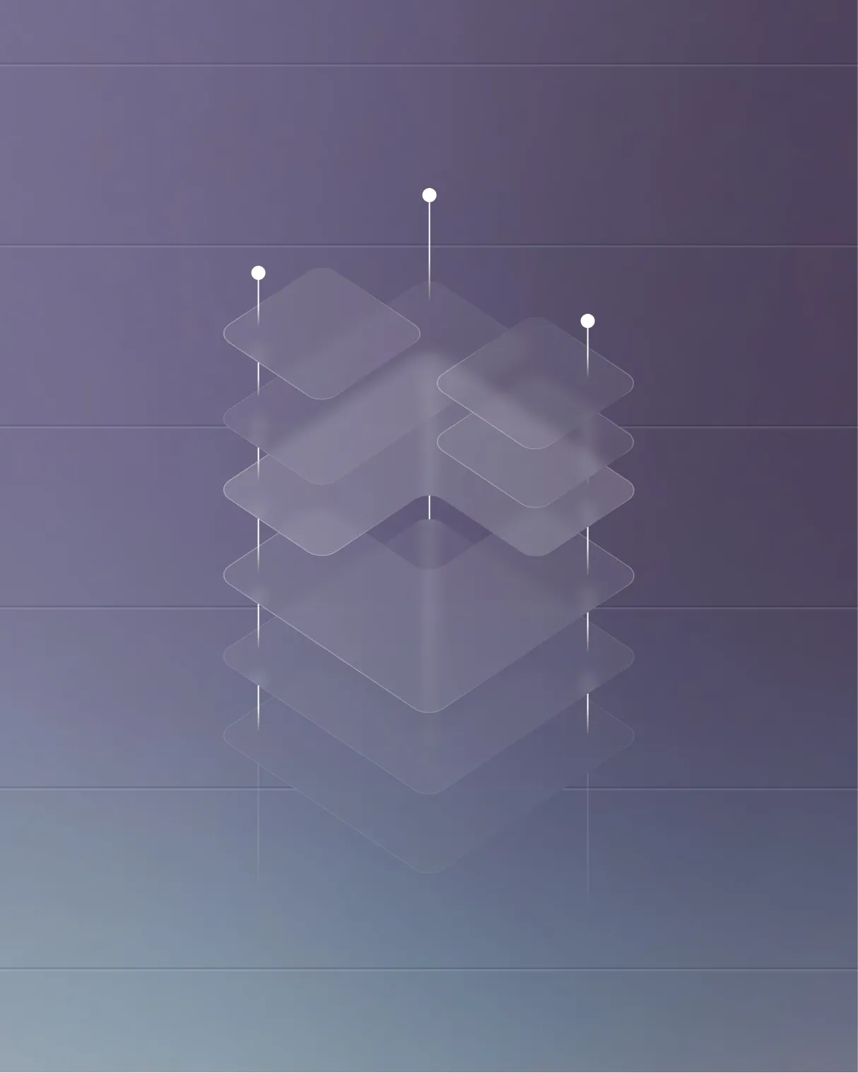 Transparent layered squares stacked with connecting lines on a gradient purple-blue background.