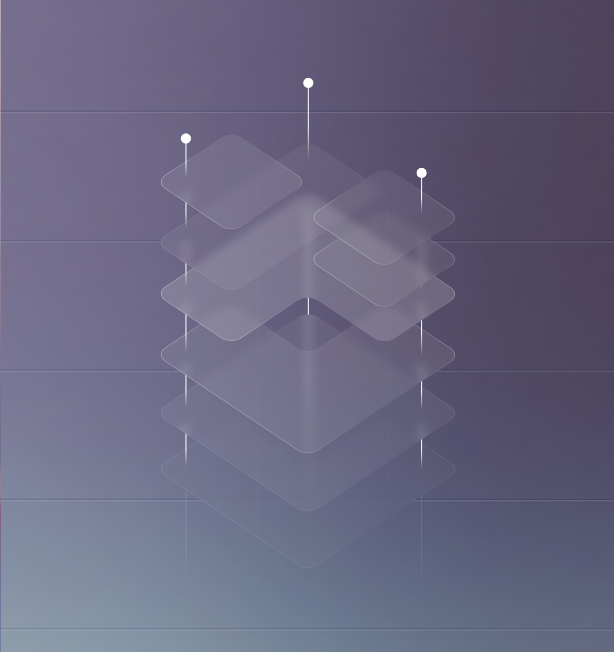 Transparent layered squares stacked vertically over a gradient purple-blue background.