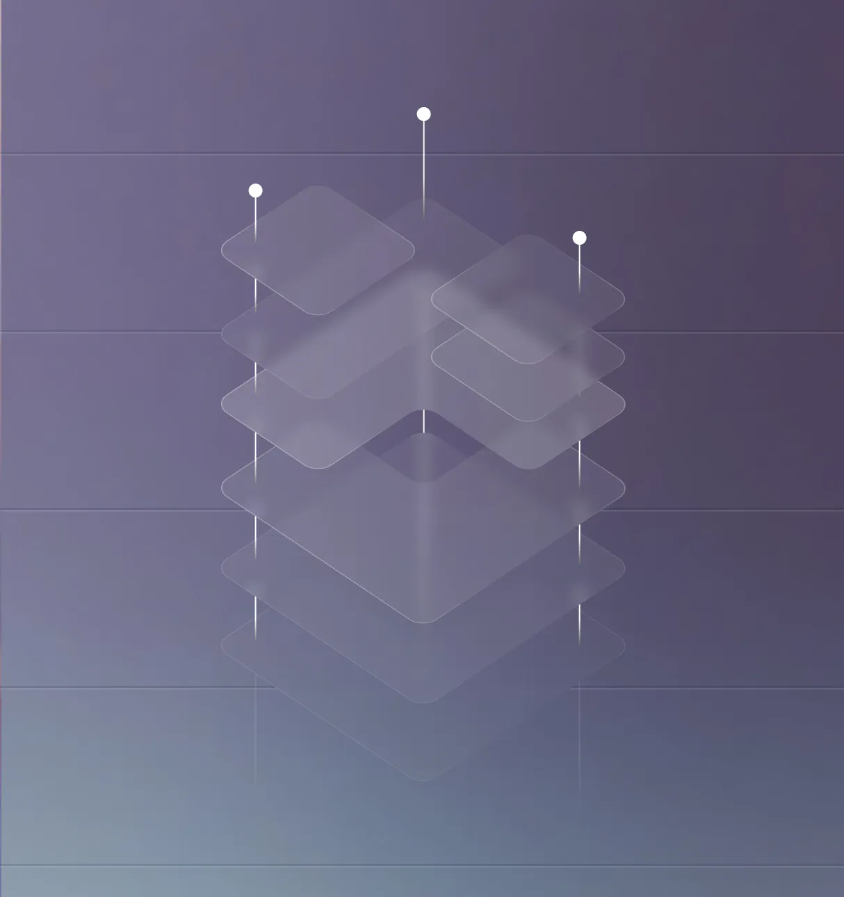 Transparent layered squares stacked vertically over a gradient purple-blue background.