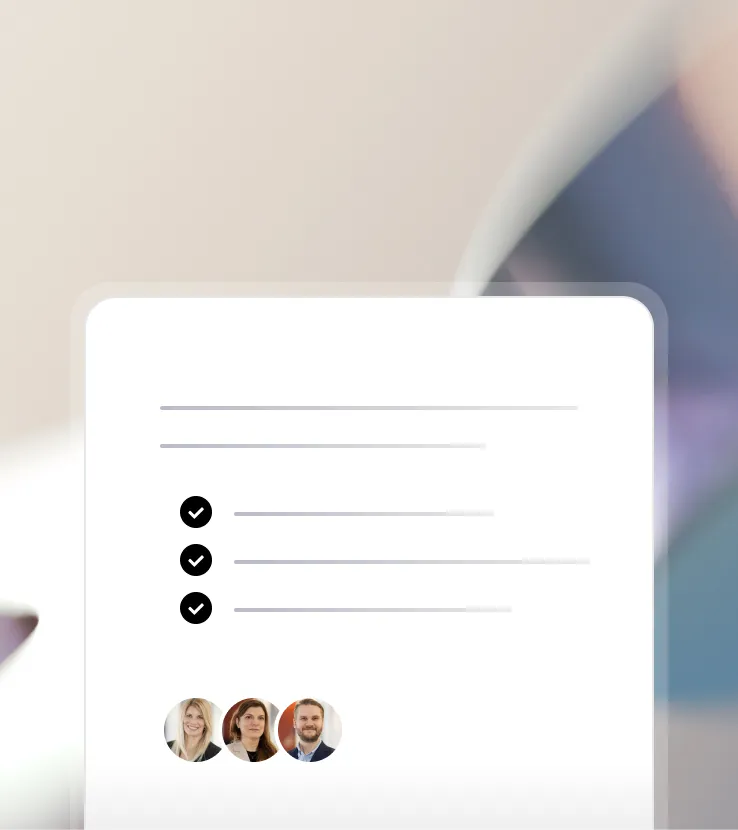 Digital checklist with three checked items and circular profile photos of two women and one man below.