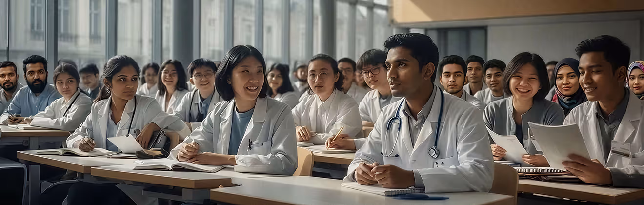 Diverse group of medical students in white lab coats sitting at desks with books and notes in a bright classroom.
