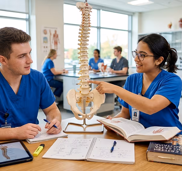 Two medical students in blue scrubs study a spine model and anatomy book in a classroom.